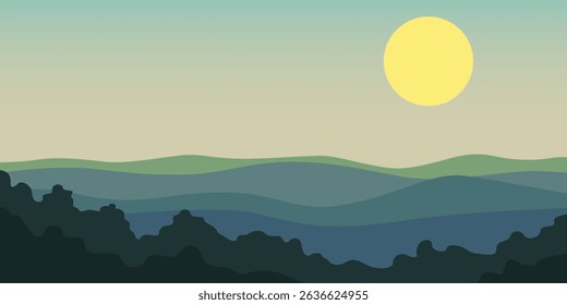 The image depicts a stylized landscape with a setting or rising sun over undulating hills with a dark silhouette of a forest in the foreground
