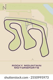 The image depicts a stylized map of Rocky Mountain Motorsports Track, with a winding layout. The track is outlined in a dark purple color against a light beige background.