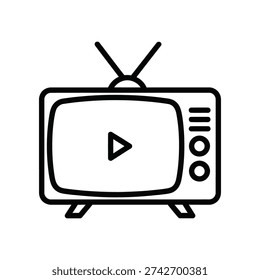 The image depicts a stylized outline of an old-fashioned CRT television set with two antennas on top. The screen of the television displays a prominent play button icon, indicating media playback or streaming functionality.