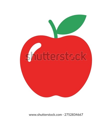 The image depicts a stylized, red apple with a white stem and a green leaf attached at the top. The apple is drawn in a basic, cartoon-like style with smooth, rounded edges and minimal detail, giving it a friendly and approachable appearance.