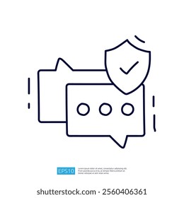 The image depicts a stylized representation of chat bubbles with a shield, symbolizing secure communication or messaging.