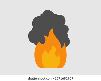 The image depicts a stylized representation of fire with a prominent plume of dark smoke rising from it