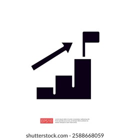 The image depicts a stylized representation of a graph with an upward arrow and a flag, symbolizing progress, achievement, and goals in a business context.