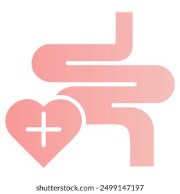 The image depicts a stylized representation of the human digestive system, including the intestines and stomach, with a heart containing a plus sign.