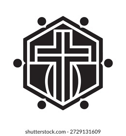 A imagem retrata um escudo estilizado com uma proeminente cruz cristã no seu centro. A cruz é projetada com linhas de interseção, formando um padrão simétrico. Ao redor da cruz estão duas formas de lua crescente, uma em cada lado, adicionando ao simbolismo. O escudo em si é delineado com uma borda preta e arrojada, e há pequenos pontos em cada canto, melhorando o design geral. O uso de preto e branco dá à imagem uma sensação clássica e atemporal.