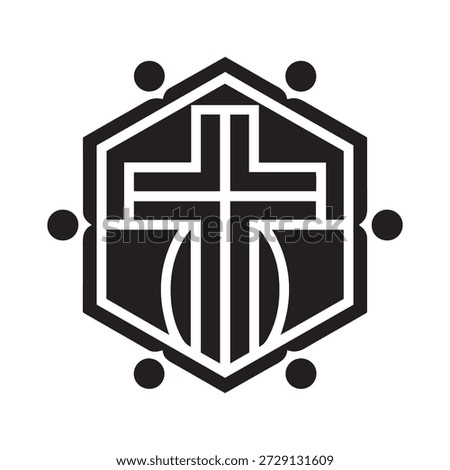 The image depicts a stylized shield with a prominent Christian cross at its center. The cross is designed with intersecting lines, forming a symmetrical pattern. Surrounding the cross are two crescent moon shapes, one on each side, adding to the symbolism. The shield itself is outlined with a bold, black border, and there are small dots at each corner, enhancing the overall design. The use of black and white gives the image a classic and timeless feel.