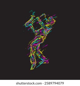 The image depicts a stylized sketch of a saxophone player, rendered in vibrant neon colors against a black background. The figure is drawn with bold, dynamic strokes of yellow, pink, cyan