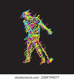 The image depicts a stylized sketch of a singer holding a microphone, rendered in vibrant neon colors against a black background. The figure is drawn with bold, dynamic strokes of yellow, pink, cyan