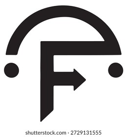A imagem representa um símbolo estilizado que se parece com um 'F' com uma seta apontando para a direita. O símbolo é composto por um arco semicircular no topo, com dois pequenos pontos em cada lado. Abaixo do arco, há uma linha vertical que se divide em duas linhas diagonais formando a forma de um 'F'. Uma seta é sobreposta ao 'F', apontando para a direita.
