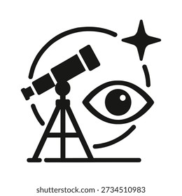 The image depicts a telescope on a tripod, symbolizing astronomical observation and exploration. An eye is integrated into the design, representing vision, insight, and the pursuit of knowledge about the universe. A star and curved lines enhance the cosmic theme, emphasizing the wonders of space and the human fascination with the night sky.