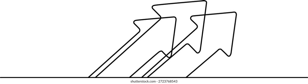 A imagem mostra três setas apontando para cima. Cada seta tem uma forma distinta e é desenhada com linhas simples. As setas são organizadas em uma linha diagonal, com a primeira seta posicionada na parte superior esquerda e a última seta na parte inferior direita. As setas são uniformemente espaçadas e têm um design minimalista.