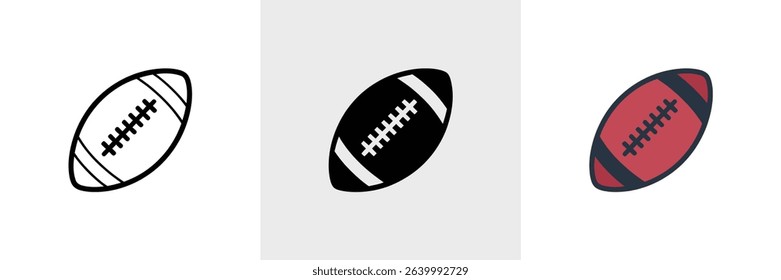 Image depicts three different graphic styles for an American football, including a line art version, a black and white silhouette, and a colored variant, side-by-side for design.