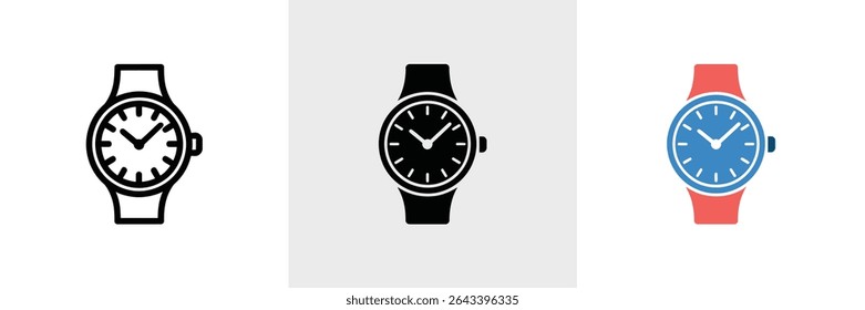 Image depicts three distinct watch illustrations. The leftmost design has a thin outline, the center features a solid black design, and the right displays a blue and red wristwatch.