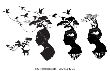 The image depicts three human heads in profile, each with a different natural element growing from it