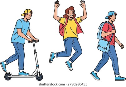 The image depicts three young individuals engaging in various outdoor activities, showcasing a carefree and lively atmosphere. One person is riding a scooter, another is jumping with excitement, and the third is walking with a backpack.