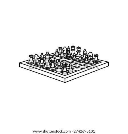 The image depicts a traditional chess game in progress, featuring a set of black and white chess pieces arranged on an 8x8 checkered board. The pieces are positioned in their standard starting formation, with pawns on the front rows and the remaining pieces, including rooks, knights, bishops, the queen, and king, placed behind. The chessboard is set on a slightly elevated, rectangular base, giving it a three-dimensional appearance. The overall design is minimalistic and monochromatic, emphasizing the classic aesthetic of chess.