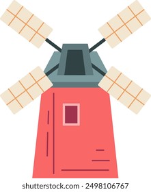 The image depicts a traditional windmill with four blades a red base and a gray roof