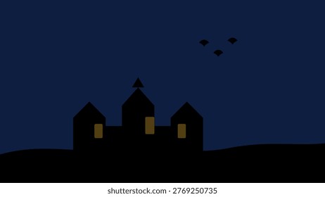 The image depicts a tranquil night scene with three houses silhouetted against a dark blue sky. The houses are simple and stylized, each with illuminated windows that emit a warm, yellow light. The central house has a pointed roof, while the other two have more traditional, sloped roofs. Above the houses, three birds are captured in mid-flight, adding a sense of movement to the otherwise serene setting. The horizon is faintly visible at the bottom, suggesting a calm and peaceful night.