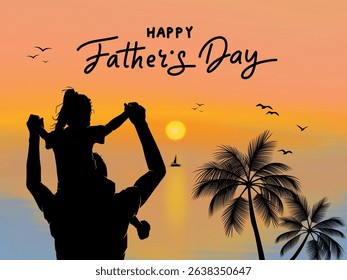 The image depicts a tropical sunset beach landscape, featuring a father and daughter sillhouette facing the ocean.