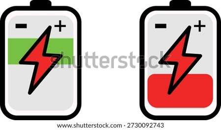 The image depicts two batteries side by side. The battery on the left is fully charged, indicated by the green color and a full charge symbol. The battery on the right is nearly depleted, shown by the red color and a low charge symbol.