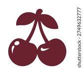 The image depicts two cherries, each with a single leaf attached to the stem. The cherries and leaves are illustrated in a maroon color, giving them a rich and vibrant appearance.