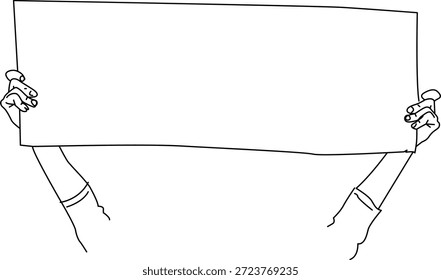 A imagem mostra duas mãos, cada uma segurando um grande sinal em branco. As mãos são posicionadas em cada lado do sinal, com os dedos segurando as bordas. A placa em si está vazia, oferecendo uma tela para qualquer mensagem ou design.