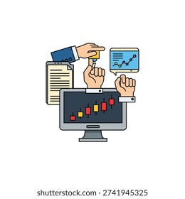 The image depicts two hands engaging with various financial elements: one hand is holding a key, another is presenting a document, while a computer screen displays a stock chart and a small graph. It symbolizes financial analysis, investment, and data-driven decision-making processes.