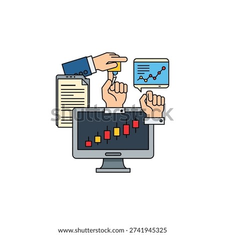 The image depicts two hands engaging with various financial elements: one hand is holding a key, another is presenting a document, while a computer screen displays a stock chart and a small graph. It symbolizes financial analysis, investment, and data-driven decision-making processes.