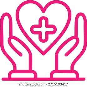 La Imagen representa dos manos sosteniendo suavemente una forma de corazón, que contiene un símbolo médico. Las manos están posicionadas simétricamente, y el corazón está centrado entre ellas. El símbolo médico dentro de la forma del corazón sugiere temas de atención médica, atención médica o bienestar. El diseño general es simple y utiliza un solo color, dándole un aspecto limpio y profesional.