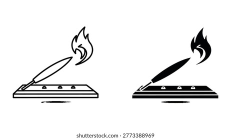 The image depicts two illustrations of a pen with flames at the tip, positioned above a laptop keyboard. This visual metaphor likely represents the urgency or intensity of writing, typing, or digital work, suggesting that tasks are being completed under pressure or with high importance.