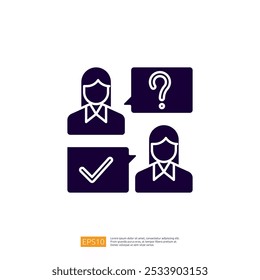 The image depicts two individuals with speech bubbles, one showing a question mark and the other a check mark, symbolizing communication and decision-making.