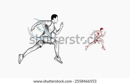 The image depicts two stylized illustrations of male runners sprinting towards a finish line, showcasing speed and dynamism.