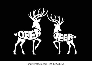The image depicts two stylized white deer silhouettes on a black background. The deer are positioned side by side, almost in a romantic pose