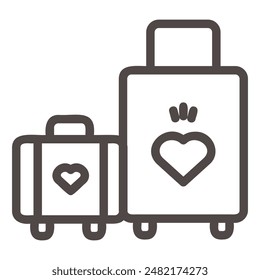 The image depicts two suitcases, one larger than the other, both adorned with hearts. The larger suitcase has a heart with a crown above it, suggesting a romantic getaway or a honeymoon.