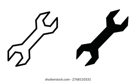 The image depicts two wrenches side by side, with the wrench on the left illustrated in a thin, outline style and the wrench on the right shown in a solid, filled black silhouette. The wrenches have a similar shape, likely representing a common or adjustable wrench, but differ in visual presentation and thickness of the lines.