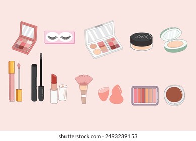 The image depicts a variety of cosmetic products, including makeup, skincare, and tools, arranged on a pink background. Among the items visible are lipsticks, mascaras, eyeshadow palettes, blush, powd