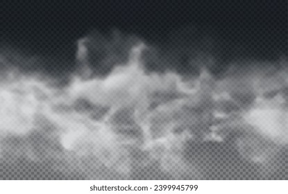 The image depicts various atmospheric phenomena such as fog, smoke, mist, and steam. The realistic 3D vector mockup shows a perspective view of white smog clouds.