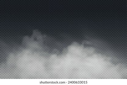 The image depicts various atmospheric phenomena such as fog, smoke, mist, and steam. The realistic 3D vector mockup shows a perspective view of white smog clouds.
