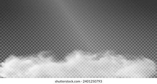 The image depicts various atmospheric phenomena such as fog, smoke, mist, and steam. The realistic 3D vector mockup shows a perspective view of white smog clouds.