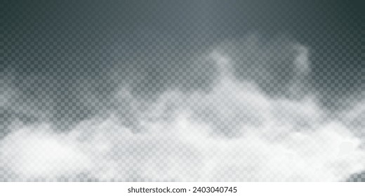 The image depicts various atmospheric phenomena such as fog, smoke, mist, and steam. The realistic 3D vector mockup shows a perspective view of white smog clouds.