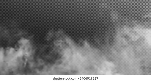 The image depicts various atmospheric phenomena such as fog, smoke, mist, and steam. The realistic 3D vector mockup shows a perspective view of white smog clouds.