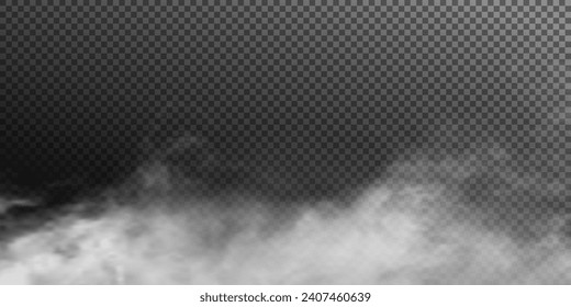 La imagen muestra varios fenómenos atmosféricos como niebla, humo, niebla y vapor. La simulación realista del vector 3D muestra una perspectiva de nubes de smog blancas.