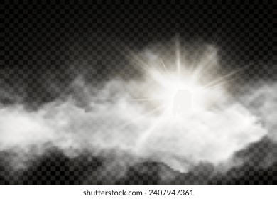 The image depicts various atmospheric phenomena such as fog, smoke, mist, and steam. The realistic 3D vector mockup shows a perspective view of white smog clouds.