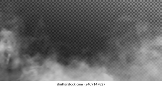 The image depicts various atmospheric phenomena such as fog, smoke, mist, and steam. The realistic 3D vector mockup shows a perspective view of white smog clouds.