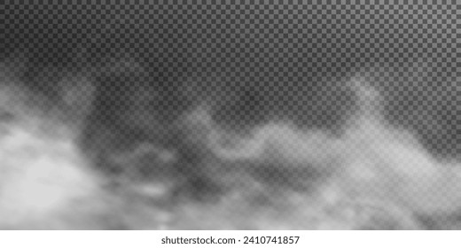 The image depicts various atmospheric phenomena such as fog, smoke, mist, and steam. The realistic 3D vector mockup shows a perspective view of white smog clouds.