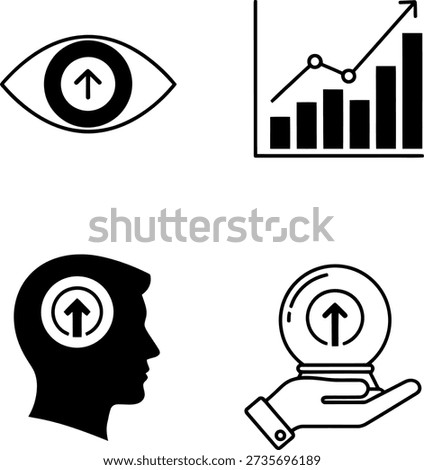 The image depicts various icons representing the concepts of observation, growth, and improvement. The first icon shows an eye with an upward arrow, symbolizing keen observation and vigilance. The second icon features a bar graph with an upward trend, illustrating growth and progress. The third icon displays a head with an upward arrow, representing mental growth and improvement. The last icon shows a hand holding a glass orb with an upward arrow, signifying the potential for growth and development.