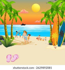 The image depicts a vibrant beach scene at sunset,Several people are present, some in the water and others on the shore, suggesting leisure and recreation. 