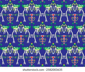 The image depicts a vibrant, patterned design featuring stylized skeletons. The skeletons are adorned with bright green and blue elements, set against a deep navy background. Each skeleton is symmetri