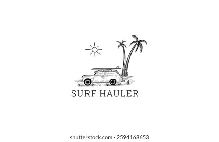 The image depicts a vintage car with a surfboard, palm trees, and a sun, embodying surfing culture.