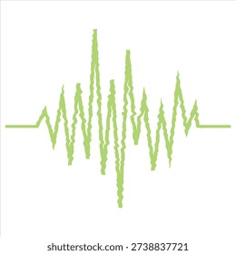 The image depicts a waveform that visually illustrates the variations in amplitude and frequency of a sound signal. The wave is shown in a bright green color, emphasizing its peaks and troughs, which represent the loudness and silence of the sound respectively. This type of graphic is commonly used in audio editing, sound engineering, and educational materials to explain sound properties.